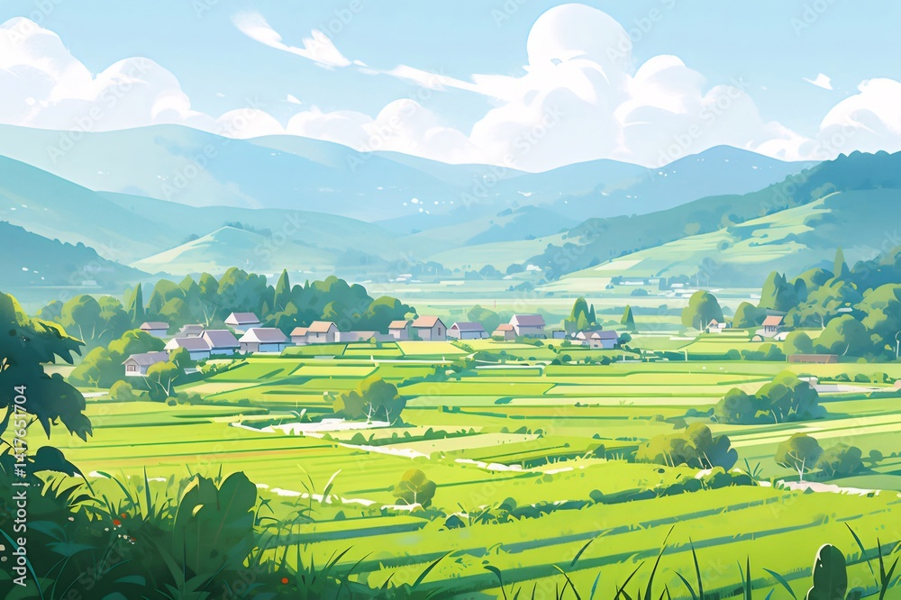 Poster 日本の田園風景 緑豊かな水田と山並み 穏やかな夏の日の爽やかな風景