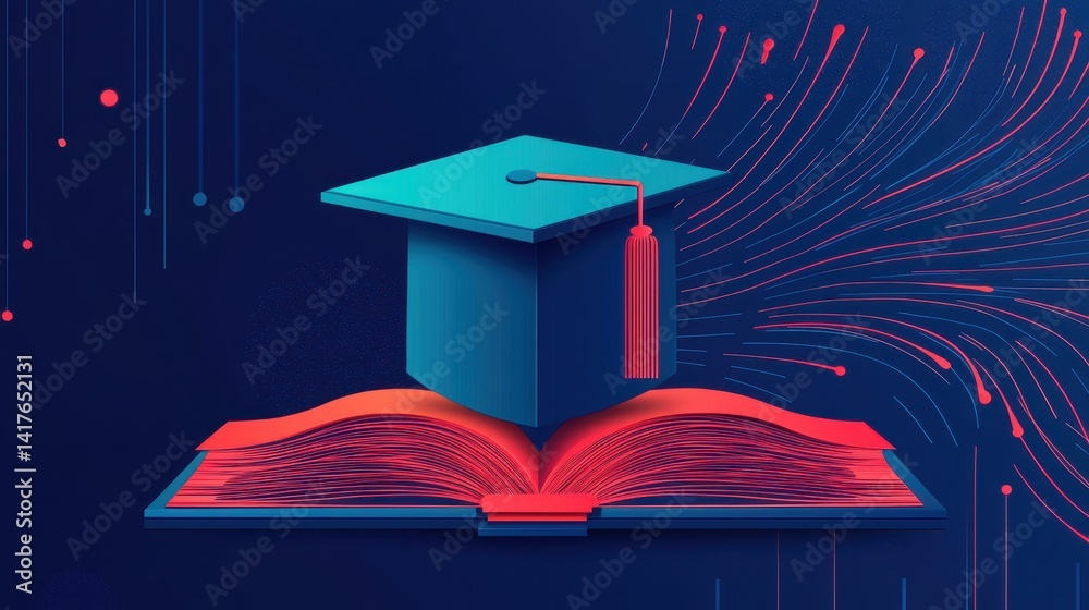 Poster graduation cap floating above an open book with colorful abstract background elements