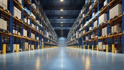 Empty warehouse interior, full of goods on shelves,  modern industrial design
