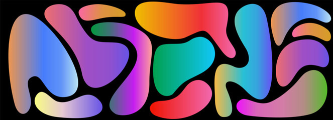 Abstract liquid shapes with gradients. Organic vector bubbles on a black background. Irregular graphic elements with gradients