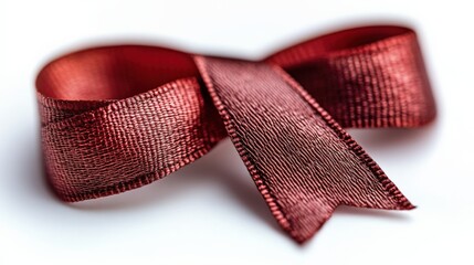 Close-up of a textured red ribbon bow, elegantly arranged on a white background, ideal for gift wrapping