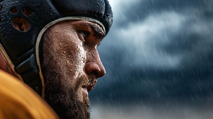 Focused rugby player endures a torrential downpour.