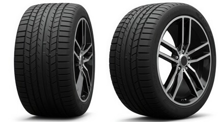 Obraz premium Realistic rendering of a car tire with detailed tread and alloy wheel on white background