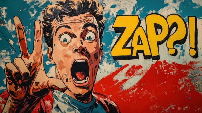 Vintage Pop Art Illustration of a Surprised Man Exclaiming Zap in Bold Colors and Retro Style