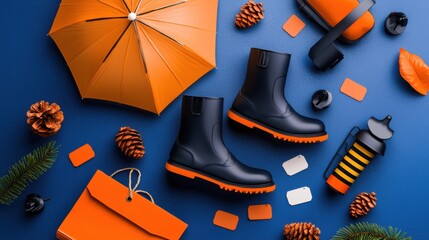 Stylish rain boots and an orange umbrella are showcased in a vibrant autumnal promotional scene ideal for advertising fall fashion or seasonal sales events featu