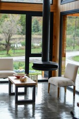 Living room of a modern house in the mountains
