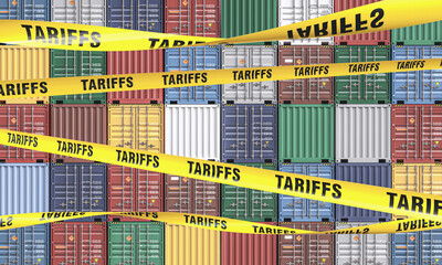 Fototapeta premium Yellow barrier tape with the word tariffs crisscrossing over stacked shipping containers