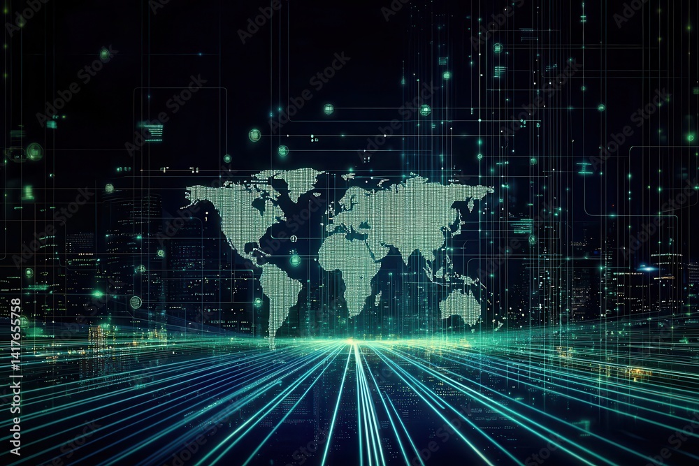 Poster a digital representation of a world map with green lines and data points, symbolizing technology and
