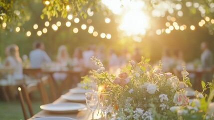 Outdoor garden dinner party with floral decor and string lights at sunset