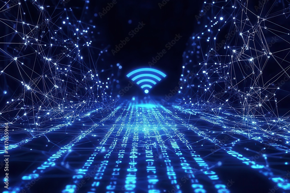Poster a digital landscape illustrating connectivity with a glowing wi-fi symbol, surrounded by network lin