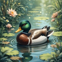 Against a soft, gradient blue background that varies from light to dark, this illustration of a green-headed duck playing in the water is calm and lively. It is surrounded by lily pads and lush aquati