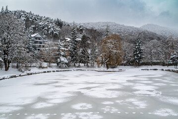 Frozen Lake and Snowy Hillside Homes