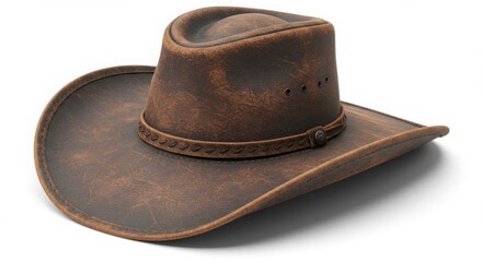 A weathered western cowboy hat with rich brown leather and intricate stitching, showcasing rugged charm and timeless style for classic Americana appeal.