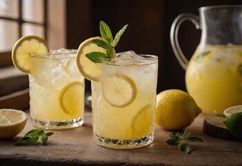 Fototapeta premium Homemade refreshing summer lemonade drink with lemon slices and ice