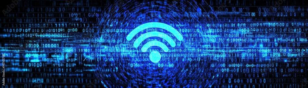 Poster a digital representation of wi-fi symbol amidst a backdrop of binary code, symbolizing connectivity 