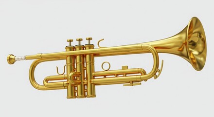 Naklejka premium A photorealistic 3d rendering of a golden trumpet with a polished brass body and ornate design, highlighted under studio lighting for a showcase of precision craftsmanship and classical elegance.