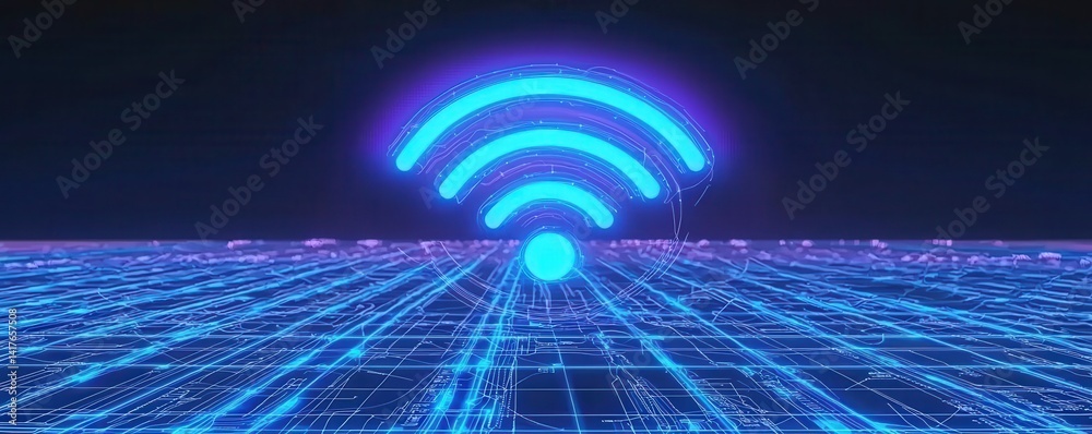 Poster a futuristic digital representation of wireless signals emanating from a central point, surrounded b