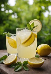 Refreshing summer lemonade drink with lemon slices and ice