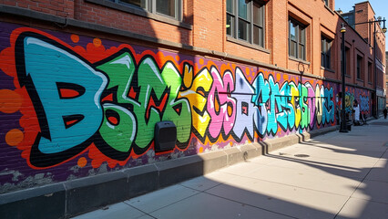 Fototapeta premium Brick Building Wall with Colorful Graffiti Mural