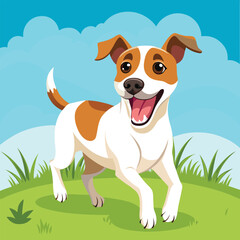 A Jack Russell Terrier with its mouth wide open joyfully runs through a grassy field under a bright sky.