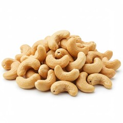 A pile of cashew nuts on a white background showing the texture and color of the nuts clearly displayed