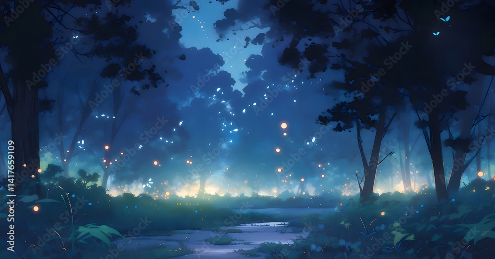Poster 夜の森の風景 深い青色の木々と輝く光 幻想的な背景を持つ夜空