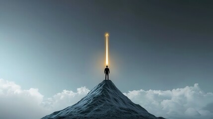 brand value concept. A figure stands triumphantly atop a mountain, illuminated by a glowing sword.