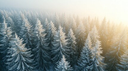 Obraz premium Aerial view of snow-covered evergreen forest during sunrise, serene winter landscape