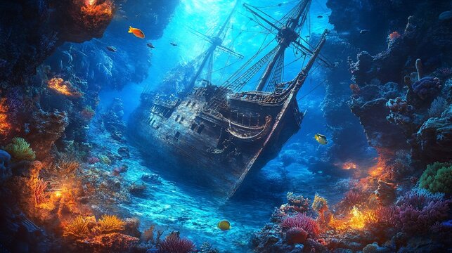 Sunken Ship rests amid coral reef, underwater scene with light rays filtering down