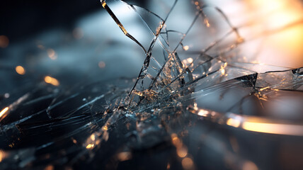 Macro photo of broken glass shards radiating from a central impact point, illuminated by blue and orange lighting. High contrast and dramatic composition with detailed reflections.