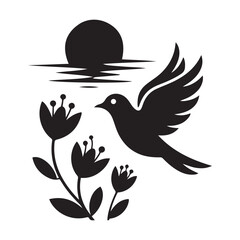 Minimalist Vector Black silhouettes Nature Illustration Bird, Flowers, Sun. with white background