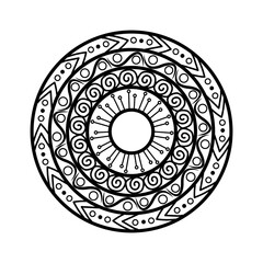 Intricate Circular Mandala in Black and White with Symmetrical Geometric Shapes Floral Motifs Concentric Circles and Detailed Linework in Ornate Zentangle Inspired Monochrome Style