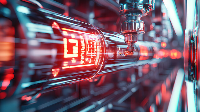 A futuristic, glowing mechanism with intricate details and vibrant red lights, showcasing advanced technology in a sleek, metallic design.