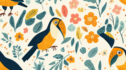 Fototapeta premium Tropical birds and flowers in vibrant hand drawn pattern
