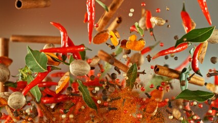 Hot red pepper, garlic, different spices powder meat stakes flying on a black background Motion freeze photo composition