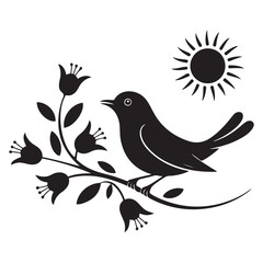 Minimalist Vector Black silhouettes Nature Illustration Bird, Flowers, Sun. with white background