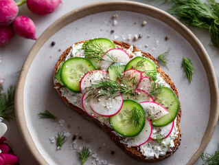 Open-faced sandwich with herbed cream cheese and vegetables