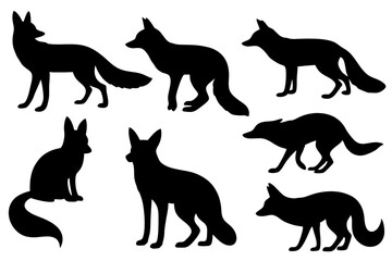 set of fox silhouettes on transparent background 