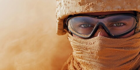 Close-up of the intense eyes of a man in a dusty helmet and goggles covering his face for military blogs, survival sites, or harsh environments.