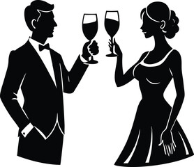 Silhouette of Couple toasting wine glasses, Couple toasting wine glasses



