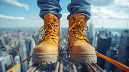 man in work boots and jeans on tall metal structure overlooking a blurred cityscape for construction safety blogs,urban research sites or risk-taking concepts.