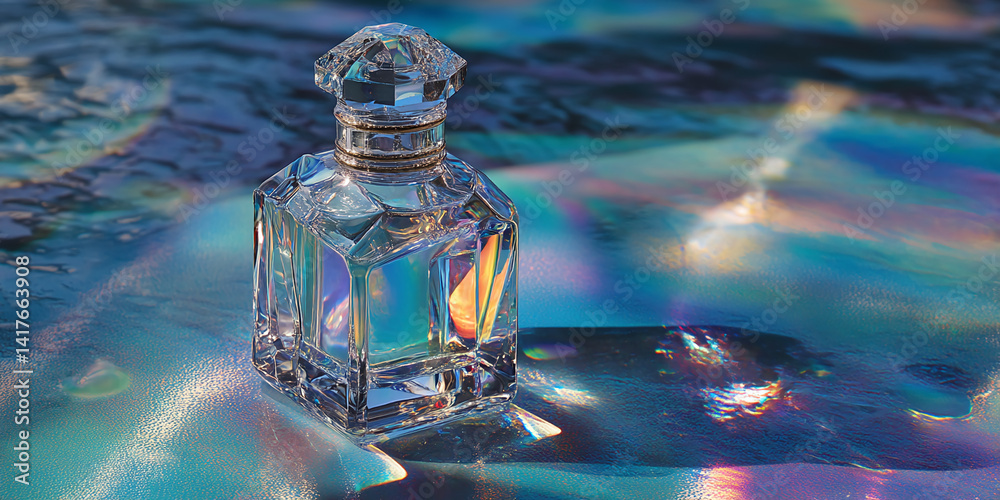 Poster crystal perfume bottle on iridescent surface, showcasing luxury and elegance, reflecting light and c