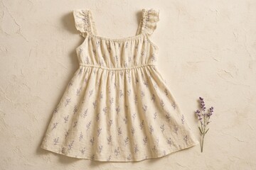 Light summer dress laid on a textured surface with a subtle lavender sprig, evoking a soft and serene atmosphere