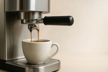 Fresh espresso pouring into a white cup from a modern coffee machine with soft steam, set against a clean beige and white gradient background