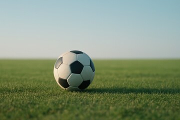 A single soccer ball gently rolling across a grassy field with a minimalist background of soft green tones and a clear sky