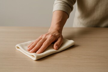 Person wiping down a kitchen countertop with a clean cloth, against a light neutral background