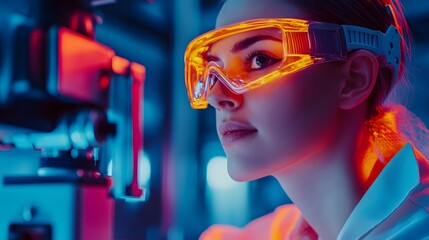 Female worker in safety glasses using lasers for inspection to showcase the importance of eye protection in industry