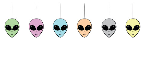 Background, garland, decoration on the upper edge of hanging aliens. Seamless pattern on theme of space, kids design