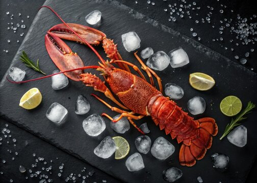 Gourmet Cape lobster (Jasus lalandii) flat lay: icy perfection on dark slate, a West Coast seafood delight.