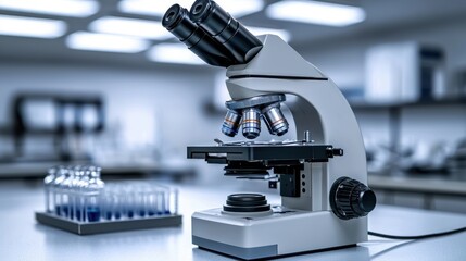 Fototapeta premium A high-resolution image showcases a sophisticated laboratory microscope ready for scientific research and analysis revealing intricate details of chromosomes with vibrant colorful